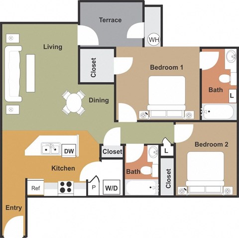Floor plan for 2 beds, 2 baths, 1092 sqft